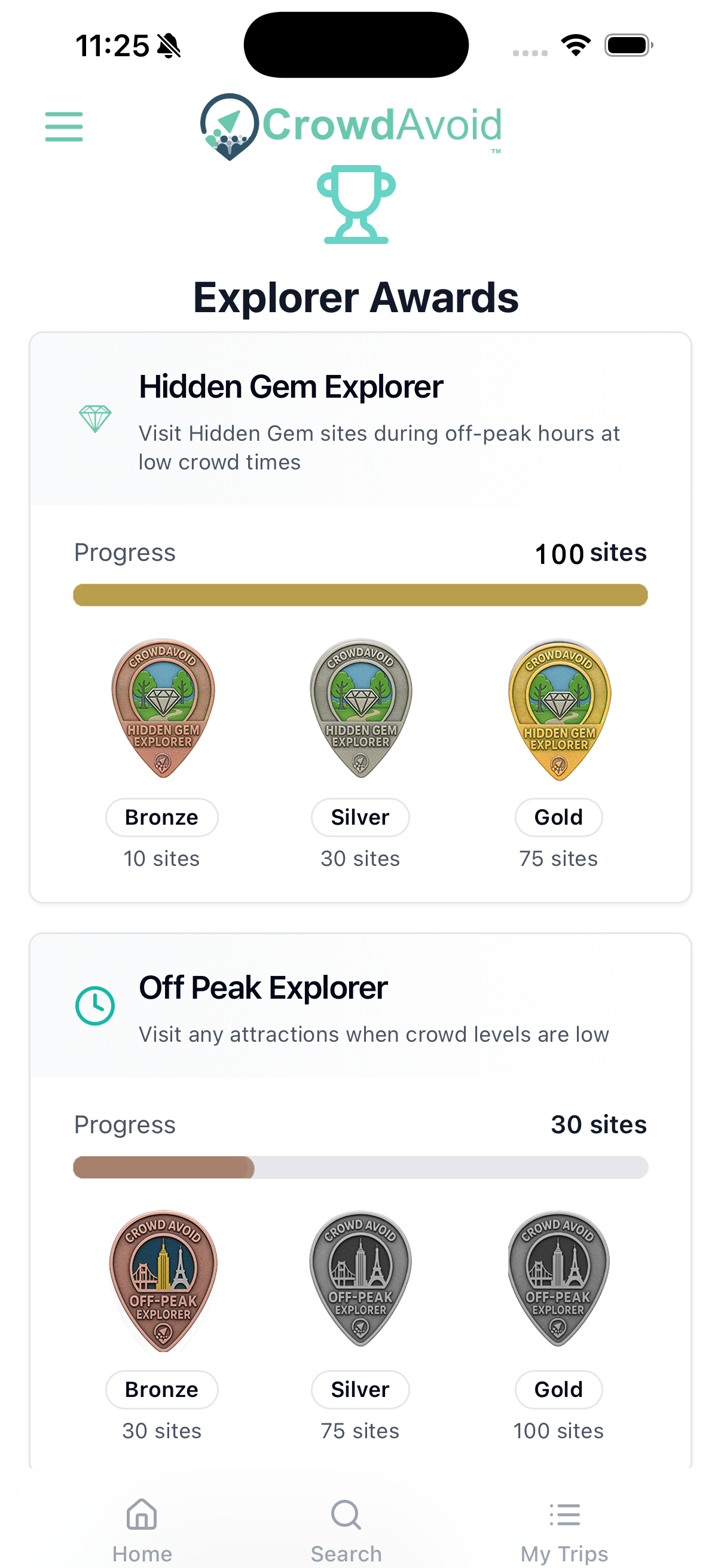 CrowdAvoid Explorer Awards with Bronze Silver Gold badges