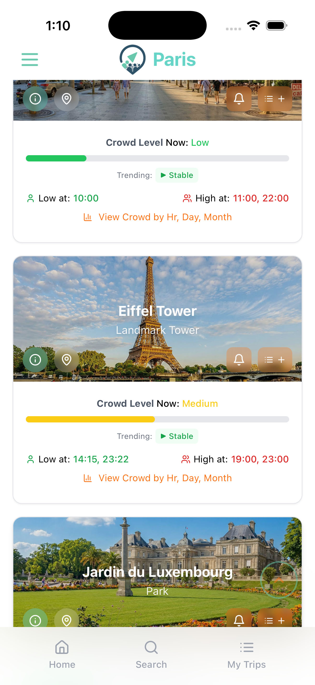 CrowdAvoid showing Paris attractions with live crowd levels