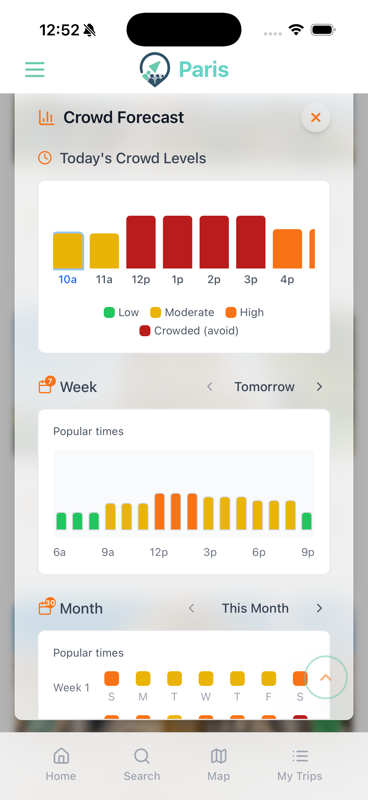 CrowdAvoid crowd level forecast by hour, day, and month