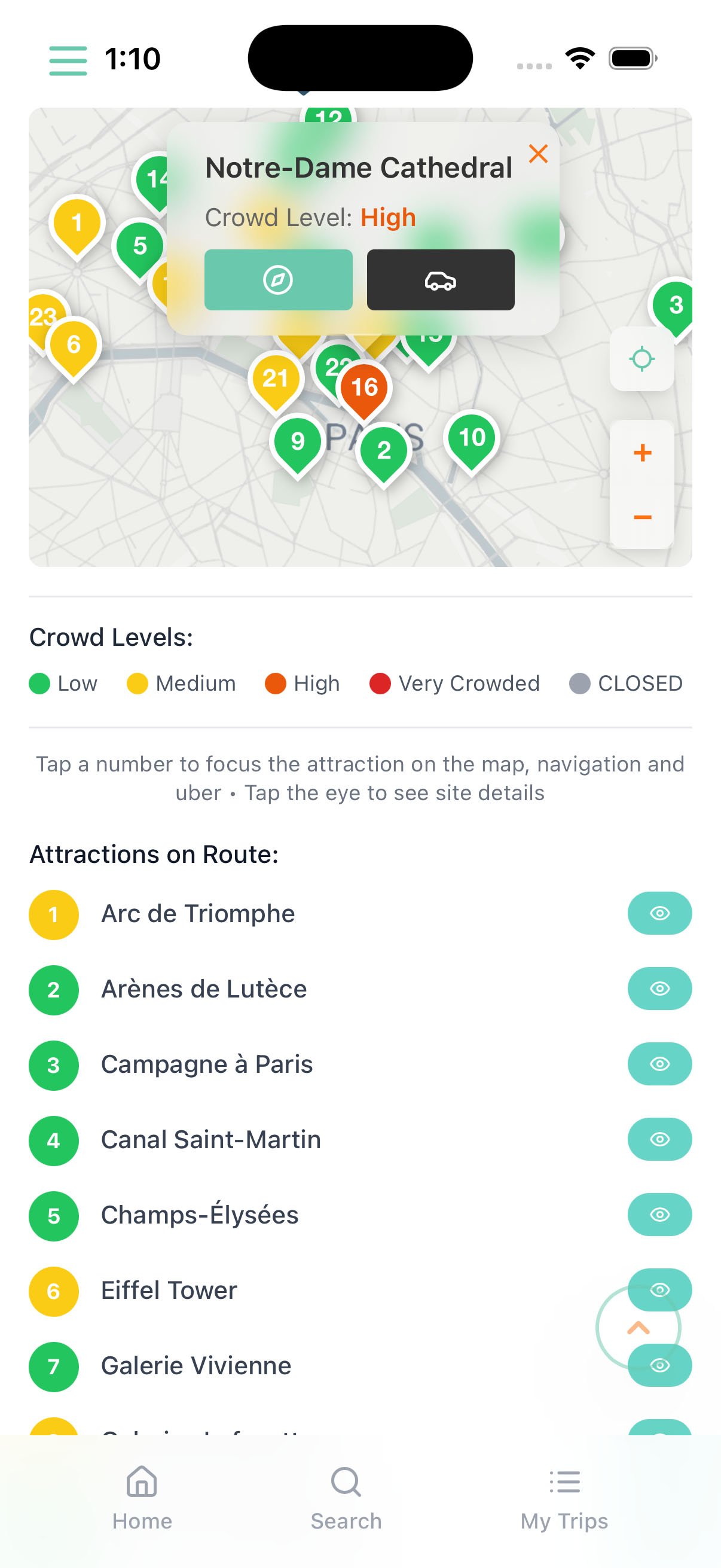 CrowdAvoid interactive map with color-coded crowd levels