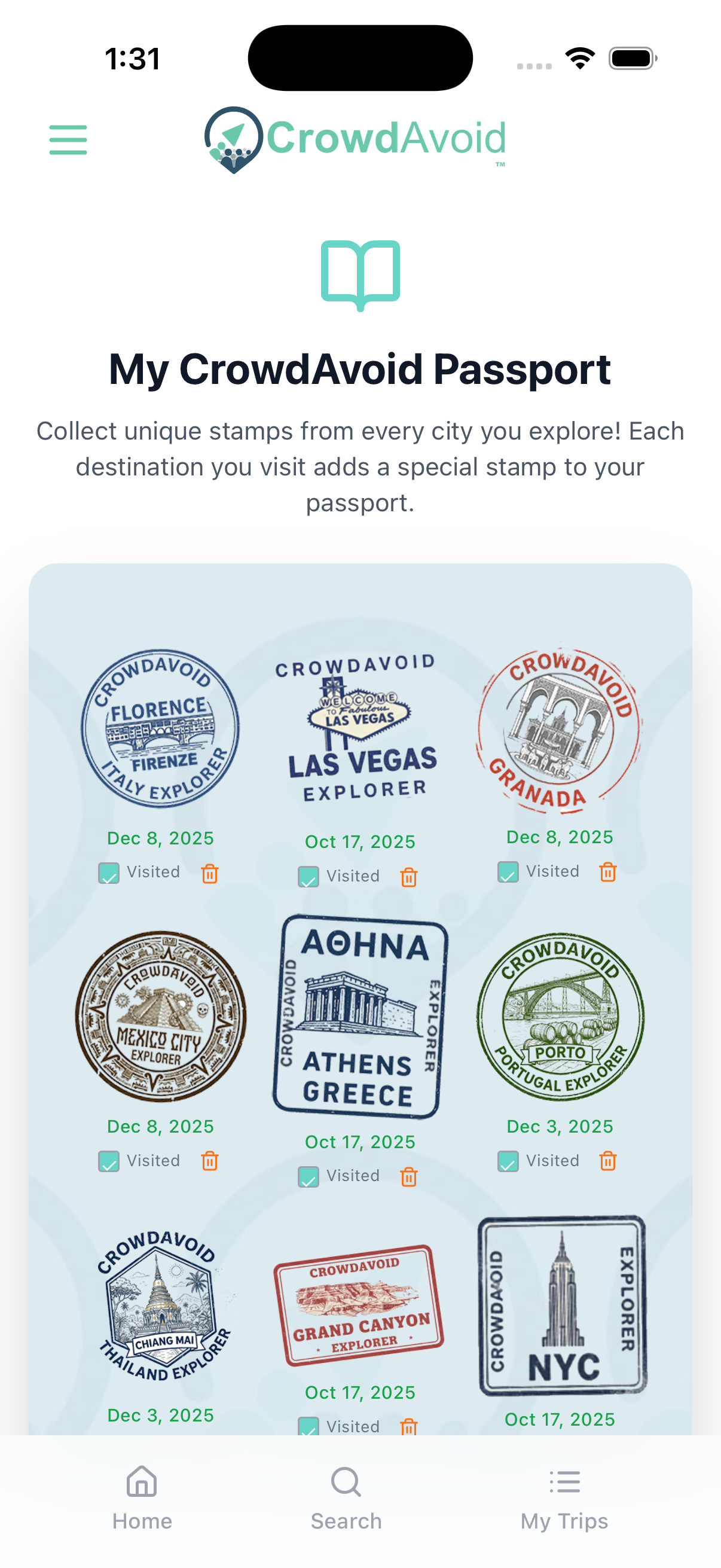 CrowdAvoid Passport with city stamps from around the world